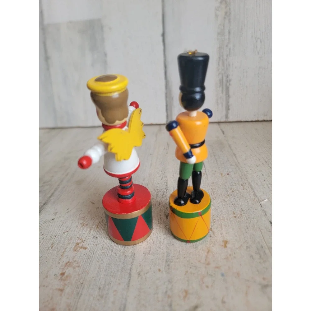 Vintage angel solider thumb push puppet toy set Xmas wooden unique